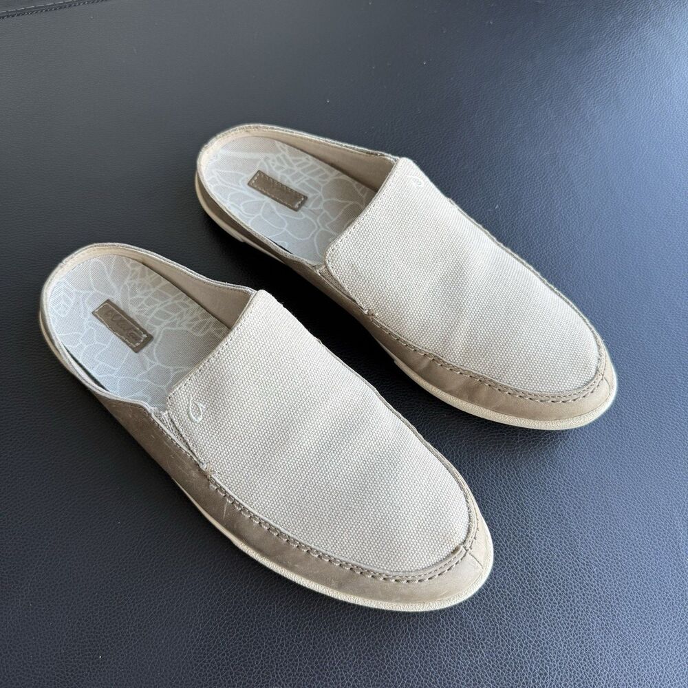 OluKai Beige Canvas & Suede Slip-On Mules